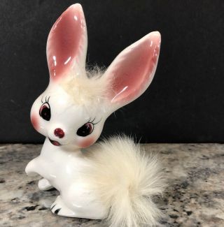 Vtg Norcrest China Big Ears Bunny Rabbit Figurine Hair/ Fur Japan 5” Rosy Cheeks