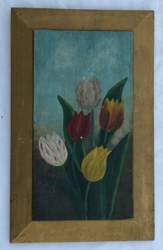 Tulips Antique Vintage Early 20th Century Oil Painting On Pine Beveled Board
