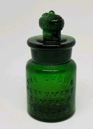 Antique The Crown Perfume Company London Embossed Green Glass Bottle W/ Stopper