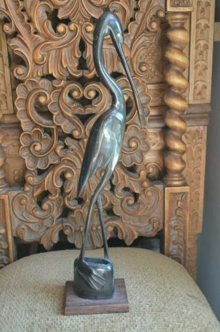Vintage 60s Bird Stork Egret Heron Crane Carved Horn Figurine Sculpture