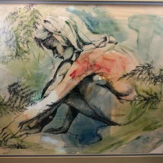Vintage Mid Century Nude Female Young Woman Figure Acrylic Oil Painting / Framed