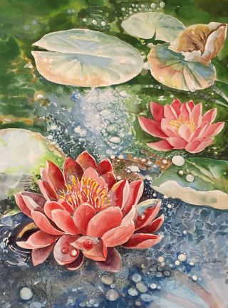 1980 Signed Watercolor " Water Lillies " By Listed Artist Leroy W Parker