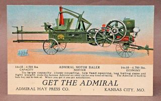 Rare C.  1910 Admiral Motor Baler Hay Press Farm Equipment Advertising Postcard