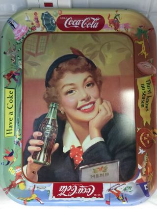 1953 Coca Cola Advertising Menu Girl Serving Tray “thirst Knows No Season”