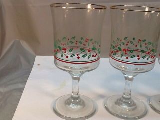 4 Vtg 1986 Arbys Christmas Holiday Holly Berry Glasses Wine Goblet Libbey EUC 2