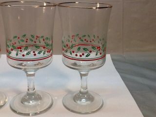 4 Vtg 1986 Arbys Christmas Holiday Holly Berry Glasses Wine Goblet Libbey EUC 5