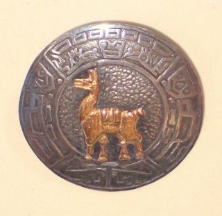 925 Silver 18k Gold Peru Llama Pin Brooch W Pendant Loop 1.  25 " D Peruvian Inca
