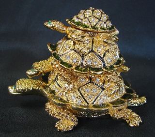 Feng Shui Bejeweled Cloisonne Brass Metal 3 - Turtle Tortoise Statue W/ Gems