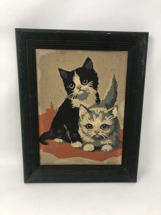 Vintage Mid Century Paint By Number Kitty Cats Painting Kitties 11”x14” 1950s