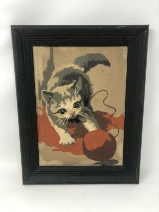 Vintage Mid Century Paint By Number Kitty Cat Painting 11”x14” Framed 1950s