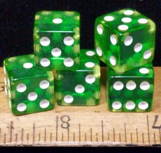 Vintage Crisloid Cheater Green Lucite Dice.  5 Dice 1/2 " (random Matching Numbers)