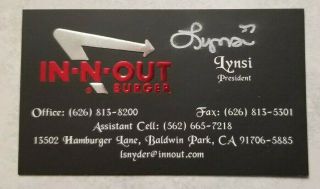 Autographed Lynsi Snyder Business Card W/coa Billionaire In - N - Out Burger