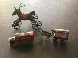 Antique Cracker Jacks (?) Metal Toys - Horse & Ad Wagon,  Ambulance & Moer