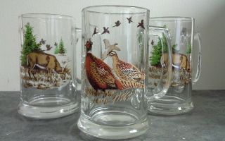 Vintage Deer And Pheasant Glass Beer Mugs Set Of 3 5 1/2” Hunting Barware Animal