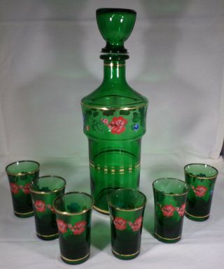Vintage Decanter & Stopper 6 Glasses Green Pink Floral Design -
