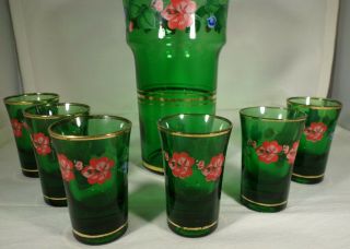 Vintage Decanter & Stopper 6 Glasses Green PInk Floral Design - 2