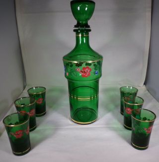 Vintage Decanter & Stopper 6 Glasses Green PInk Floral Design - 3