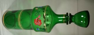 Vintage Decanter & Stopper 6 Glasses Green PInk Floral Design - 4
