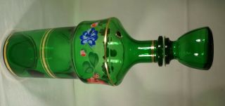 Vintage Decanter & Stopper 6 Glasses Green PInk Floral Design - 5