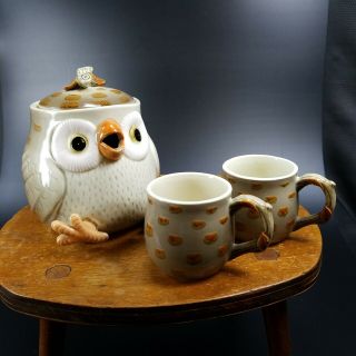 Fitz & Floyd Vintage 1978 Owl Teapot & 2 Matching Cups / Small Mugs Japan