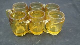 Set Of 6 - Vintage Amber Glass Barrel Shot Glass Mug With Handle Toothpick Holder