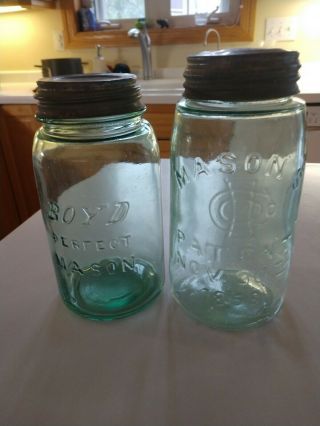 2 - Light Green Fruit Jars 1 - Boyd Perfect And 1 - Igco Mason 
