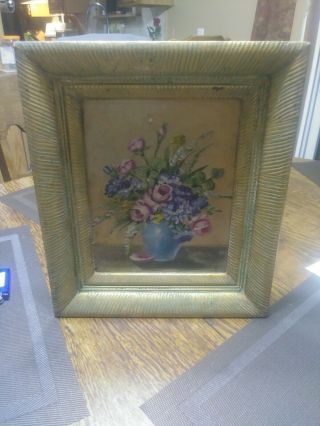 Antique American Oil Painting Still Life Flowers Janet Greenleaf Back Signed N.  Y