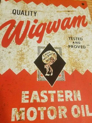 Rare Vintage Wigwam Eastern Motor Oil Metal Tin Sign Old Gas Station Indian