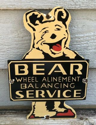 Vintage 1955 Double Sided Bear Service Porcelain Metal Gas Oil Sign Pump Plate