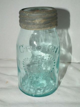 Antique Aqua Crown Imperial Midget Pint Fruit Canning Jar Sealer Canada