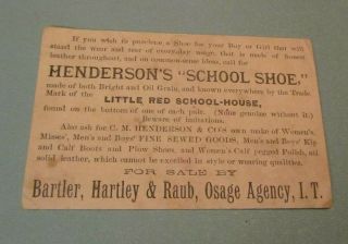 Henderson Little Red School House Shoes Victorian Trade Card Indian Territory