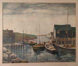 Seascape Harbor Scene Watercolor By Listed Artist Edmund Vrey