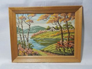 Vintage Paint By Number 16x12 Woods Mountain Lake Cottage Scenic Framed Finished