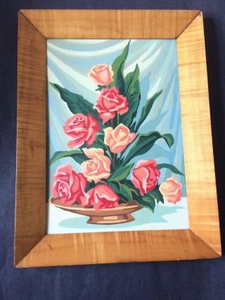 Vintage Oil Paint By Number Pink Roses Tiger Maple Wood Finished Framed 13 X 17 "