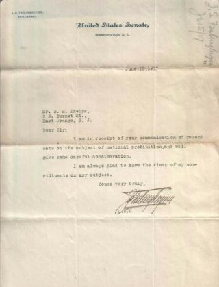 Joseph Frelinghuysen Autographed Letter 1917 Jersey Senator D.  48