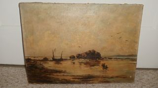Antique 19th Century Fisherman Seascape Oil Painting On Canvas Stretcher 14 X 19