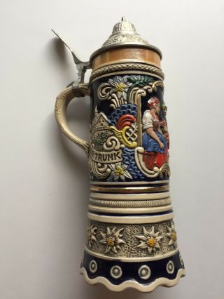 German Beer Stein With Metal Lid And Music Box In Bottom 9 1/2 "