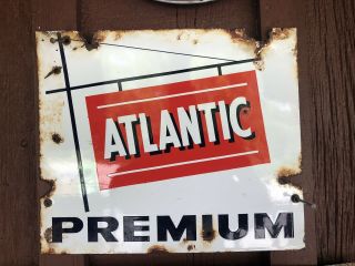 Vintage Atlantic Gasoline Pump Plate Porcelain Premium Has Rust Issues
