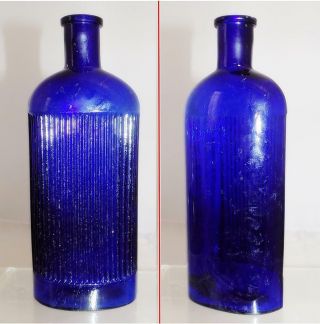 One Cobalt Blue Antique Poison Bottle Pharmacy Medicine 7 - 1/8 " Ribbed Front