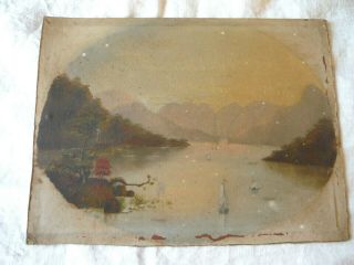 Antique Oil/board Chinese River Landscape Oval Painting,  Signed -