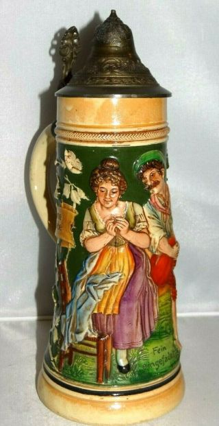 Vintage German Lidded Beer Stein Tankard Die Schone Junge Liebe Embossed Ceramic