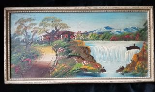 Vintage Framed Folk Art Landscape Painting Waterfall Mountains On Board