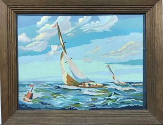Vtg Paint By Number Pbn Craft Mid Century Sailboats Seascape Painting Art