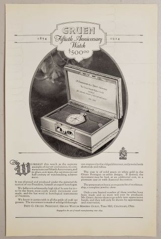 1924 Print Ad Gruen 50th Anniversary Watch $500 Watch Makers Guild Cincinnati,  Oh