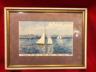Framed Watercolor Cayman Cat Boat In North Sound Grand Cayman Patrick Quin 1969