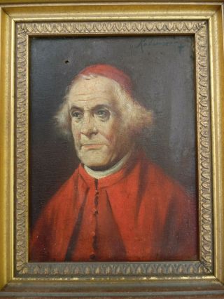 Antique Framed Oil Painting On Canvas - Old Cardinal Portrait Red Robe - Signed