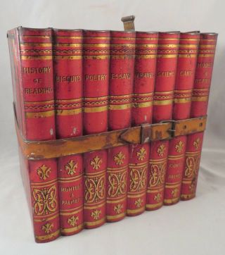 Antique Huntley & Palmers English Figural Bound Library Books Biscuit Tin C.  1900