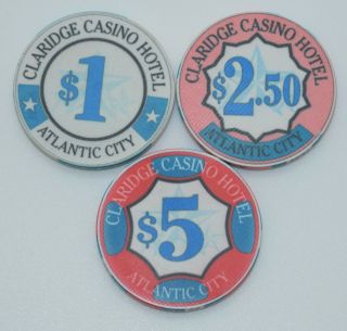Set Of 3 Claridge $1 - $2.  50 - $5 Casino Chips Atlantic City Jersey Chipco.