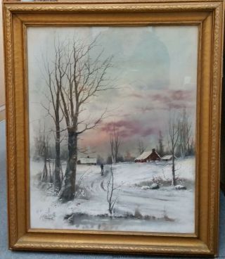 Large J W Clarke Antique Victorian Winter Landscape Pastel Painting