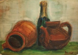 Antique French Fauvist Still Life Watercolor Painting Signed Derain